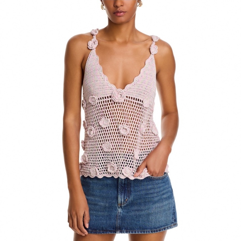 BLANKNYC Crochet Tank Top Twinkle Toes Pink Floral Applique V-Neck Large NEW